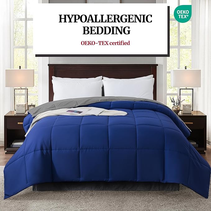 Down Alternative Bedding Comforter King Size - All-Season Soft Reversible Microfiber Bedding Comforter - Lightweight & Machine Washable (Dark Gray/Dark Blue, King (U.S. Standard))