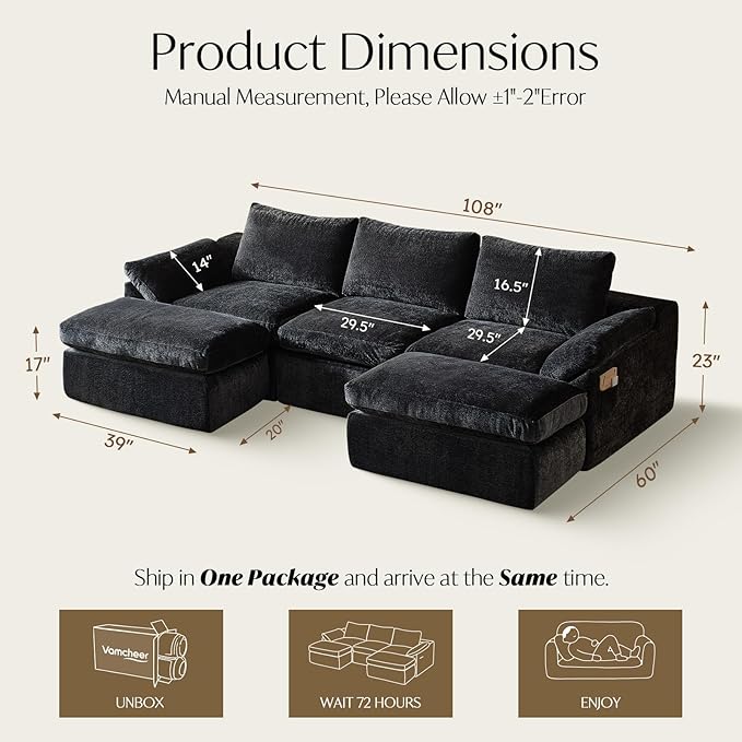 Vamcheer U Shaped Cloud Couch - Utra Soft Modular Sectional Sofa with 2 Movable Ottoman, Deep Seat Boneless Couches for Living Room, Bedroom, Office, No Assembly Required, Black