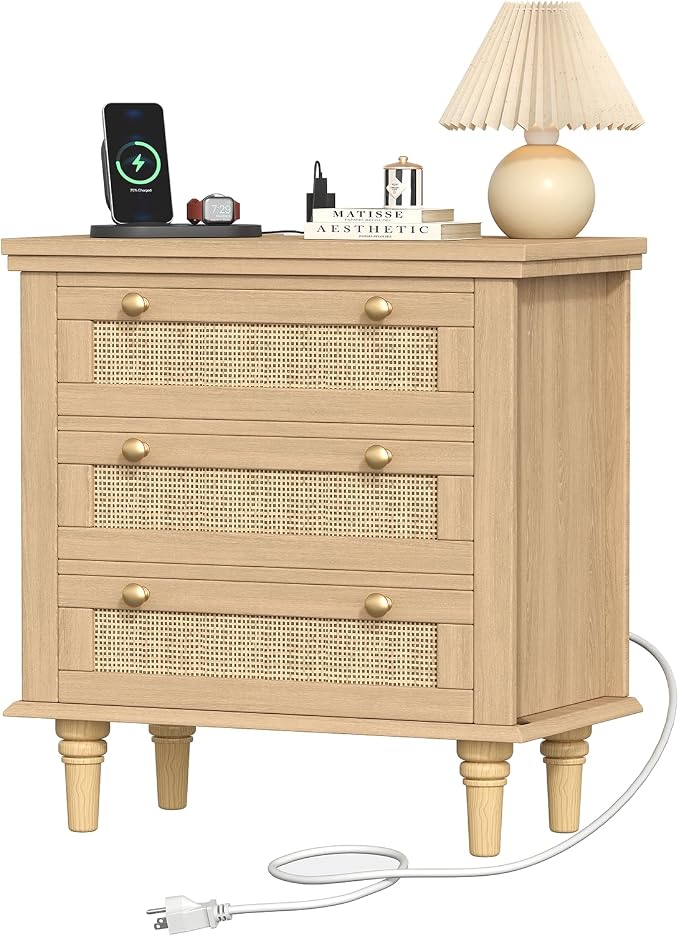 Keehusux Night Stand with 3 Large Storage Drawers, 26.8" H Rattan Nightstand with Charging Station, Boho Bedside Table with Round Handles, Wooden End Table for Bedroom, Natural Oak KES008MECTG - Image 9