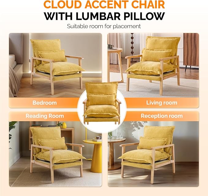 VINGLI Mid-Century Modern Cloud Accent Armchair with Lumbar Pillow, 6.3'' Thick Seat Cushion Comfortable Reading Chair with Wooden Armrests，Boho Lounge Chair for Bedroom, Living Room, Chenille, Yellow