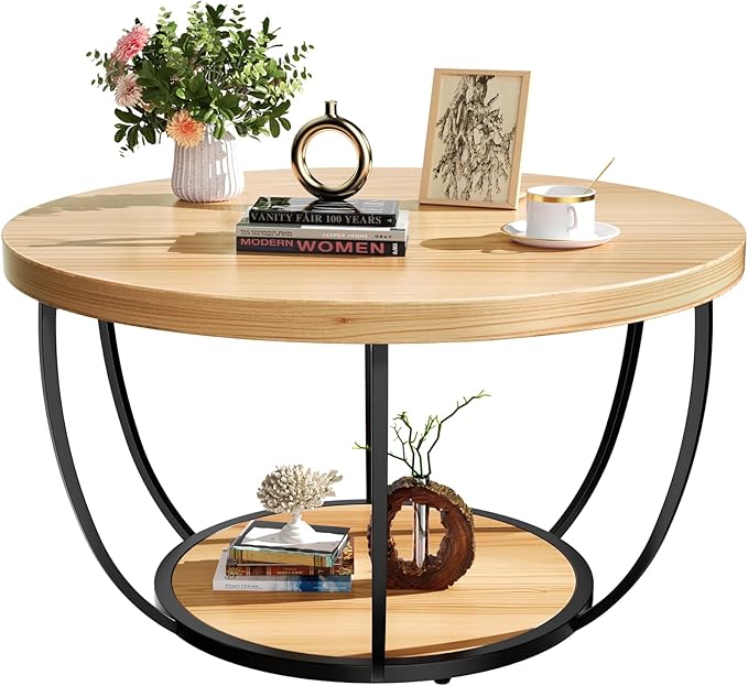ROOMTEC 31.5" Round Coffee Table, 2-Tier Coffee Tables for Living Room, Small Wood Coffee Table with Storage, Modern Accent Center Table for Living Room & Kitchen
