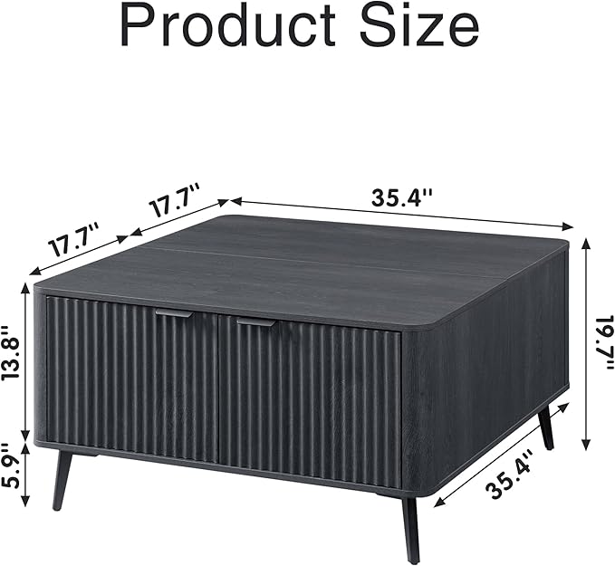 Lift Top Coffee Table with Storage, 35.4" Wide Square Black Coffee Table with Large Hidden Compartment, Mid Century Modern Fluted Center Table for Home Living Room, Balck Grey