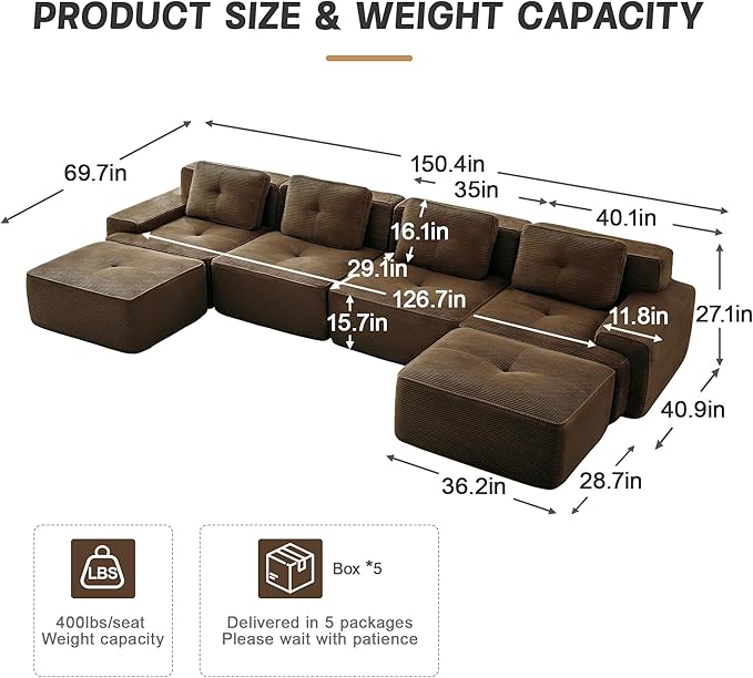 Casaphoria 150'' Boneless Sectional Sofa, Corduroy 4-Seater Cloud Couch with 4 Pillows & 2 Ottomans for Living Room, U-Shaped Deep Seat Modular Sofa for Apartment, No Assembly, Brown