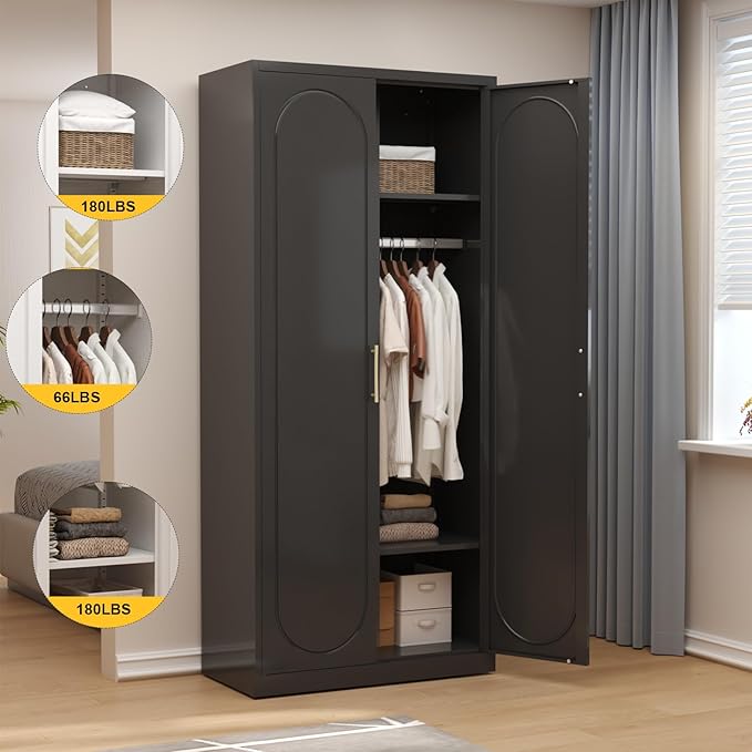 SteeLoong 71" Metal Armoire Wardrobe Closet with Doors,Tall Clothing Storage Cabinet with Adjustable Shelves and Hanging Rod,Black Wardrobe Closet for Bedroom,Home,Office,Gym