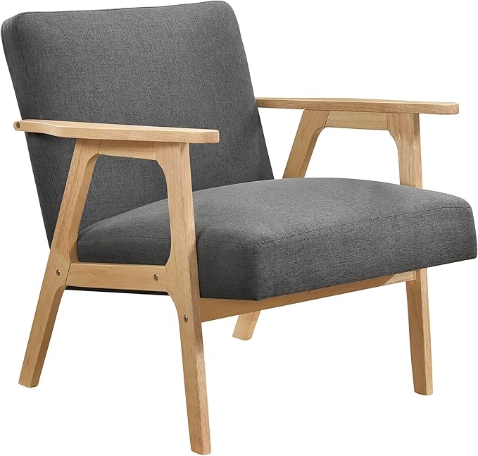 Lexicon Mid Century Modern Accent Chair, Upholstered Lounge Armchair, Single Sofa Seat, Natural Finish Solid Wood Framed Comfy Side Chairs for Living Room/Bedroom/Office/Waiting Area, Dark Gray