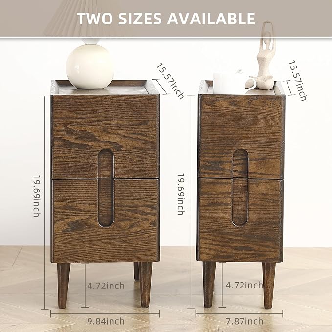 Solid Wood Bedside Table Nightstands, Slim Narrow Oak Real Wooden Mid-Century Modern End Table with Drawers Luxury Side Table Durable Cabinet Organizer Furniture, Walnut Color 7.87in Wide - Image 2