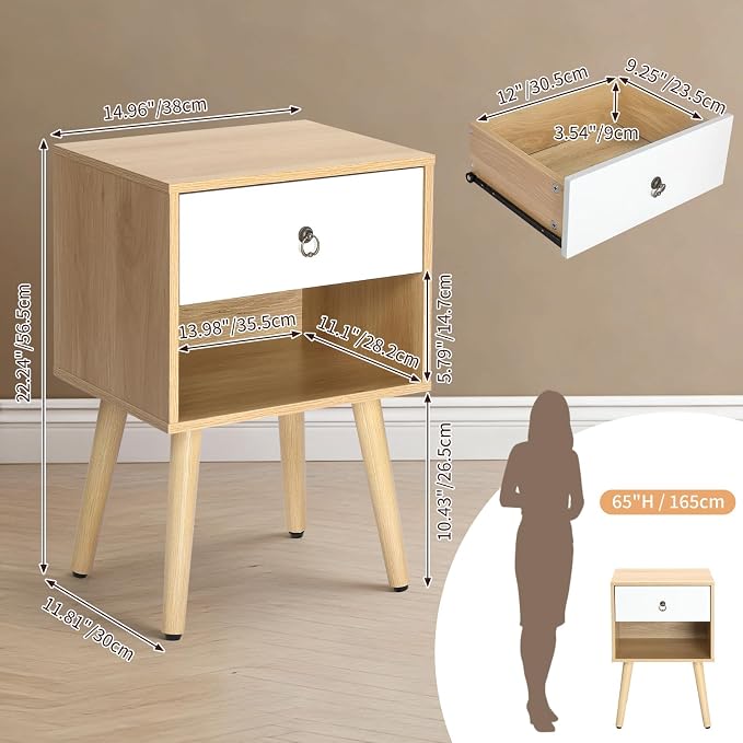 Bonnlo Oak Nightstand, Modern Bedside Table with Drawer Open Shelf, End Table with Solid Wood Legs for Bedroom、Living Room - Image 2