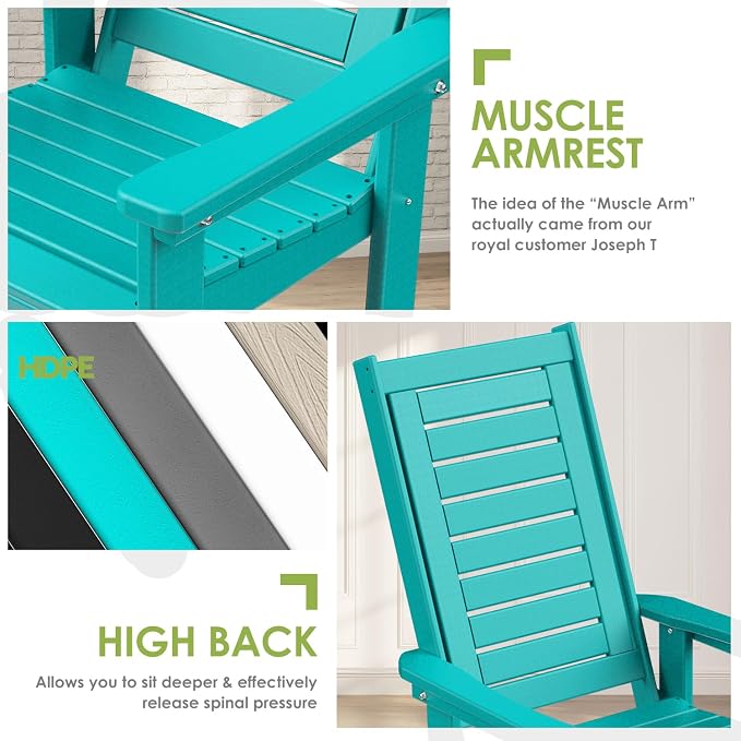 GREENVINES Outdoor Rocking Chairs | Set of 2 | Porch Rocker | HDPE Plastic | Aqua | Oversized Rockers | High Back | Big & Tall | Ladder Back | for Patio Outside Backyard Balcony Garden - Image 8
