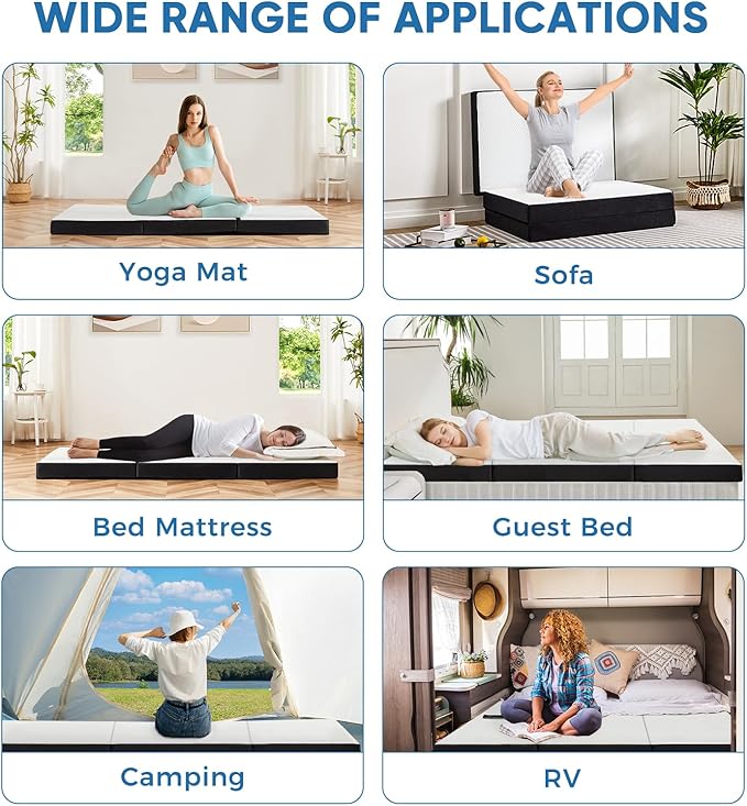 OLIXIS Tri-fold Memory Foam Mattress - 3 Inch TwinXL Size Portable Floor Bed, Foldable Mat for Adults, Collapsible and Washable Cover with CertiPUR-US Certified, for Travel & Camping & Yoga