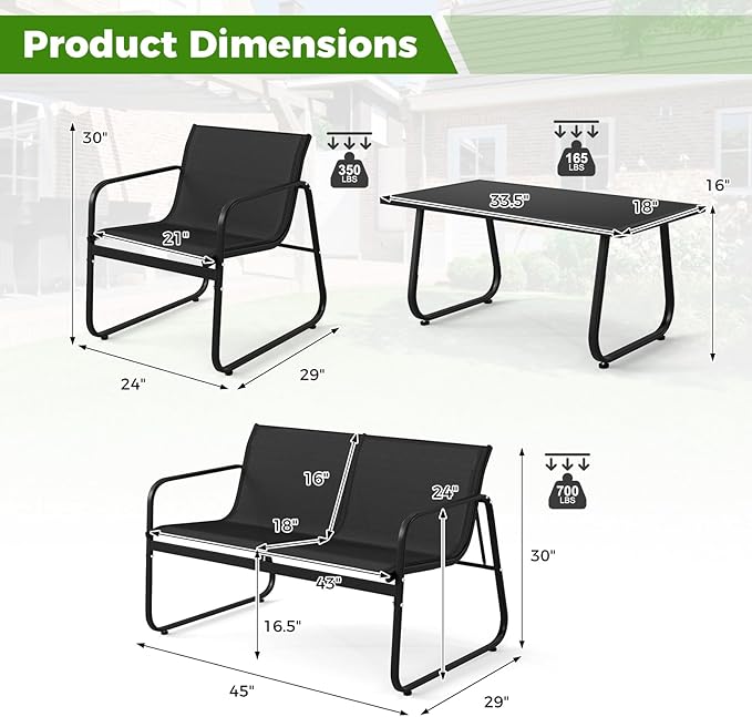 Tangkula 8 Piece Patio Furniture Set, Outdoor Metal Conversation Chair & Coffee Table Set with Mesh Seat Fabric & Tempered Glass Tabletop, Outside Bistro Set for Backyard, Porch, Poolside (Black)