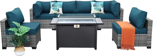 7 Pieces Wicker Patio Furniture Set Rattan Outdoor Sectional Conversation Sofa Set with Fire Pit Table Non-Slip Cushions and Furniture Cover, Peacock Blue