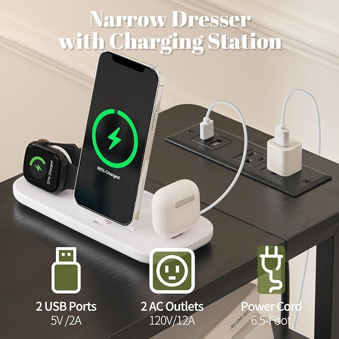 Yoobure LED Narrow Nightstand with Charging Station - Slim Dresser for Bedroom Narrow Side Table Storage Cabinet, Small Dressers Chest of Drawers, Tall Skinny Night Stand End Table for Small Spaces - Image 4