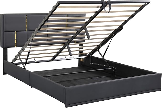Queen Size Lift Up Storage Bed, PU Leather Upholstered Platform Bed with Hydraulic Storage System and Wooden Slats Support, No Box Spring Needed - Black