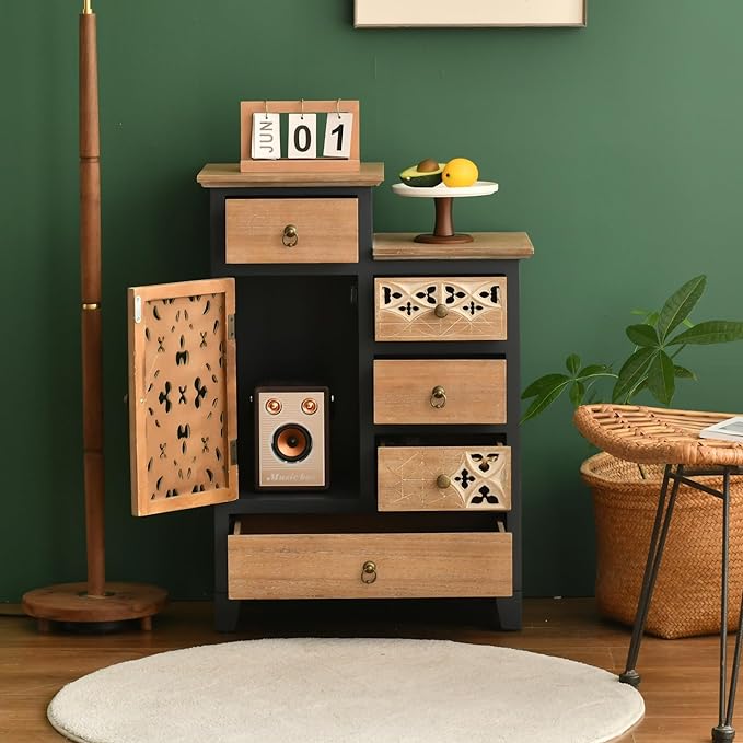 Ahokua Farmhouse Accent Chest with Carved Door and 5-Drawers, Vintage Storage Cabinet Modern Dresser for Living Room, Entryway, Hallway, Multi-Drawer Organizer, Natural and Deep Blue - Image 3