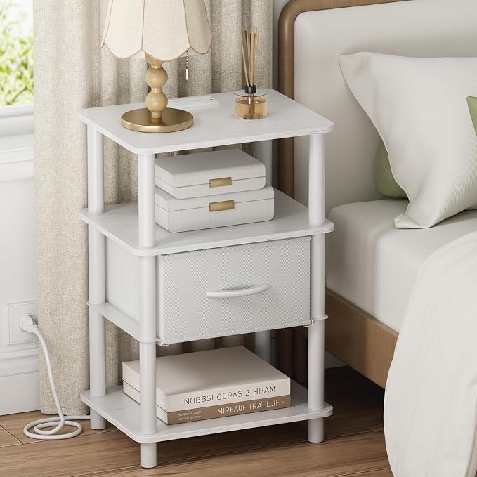 Bedroom Nightstand with Charging Station, Bedside Table with Adjustable Fabric Drawer, 3-Tier Night Table, 2-Min Installation Without Tools, Bedroom Side Table, White by Atoping