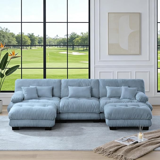133.8" U-Shaped Cloud Couch, Oversized Modular Sectional Sofa, Deep Seat Cloud Boneless Couch, 3-Seat Modular Sectional Sofa with 2 Ottoman or Living Room,Bedroom and Apartment, Blue