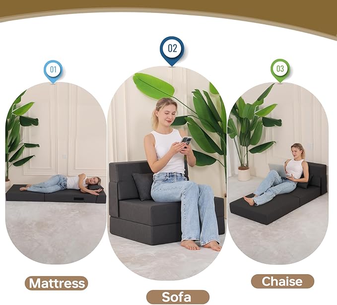 Folding Sofa Bed, Foldable Sleeper Chair with Pillow, Convertible Fold Out Chair Bed with Washable Cover, Foldable Mattress for Living Room, Bedroom, Guest Room, Single Size, Dark Grey