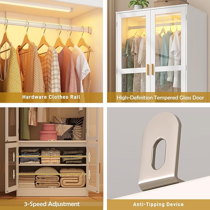chartustriable 2 Doors Armoire Wardrobe Closet with LED,71" H Freestanding Wooden Wardrobe Closet Cabinet for Bedroom,Wooden Clothing Storage Cabinet with Hanging Rod,Closets for Bedroom(White)