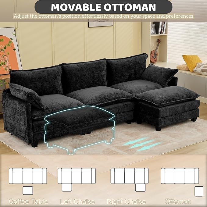 Modular Sectional Cloud Couch, 113" L Shaped Sectional Comfy Couchs for Living Room, 3 Seat Convertible Modular Sofa Couch with Ottomans for Living Room, Apartment, Black