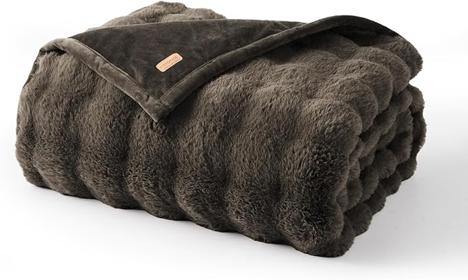EverGrace Ultra Soft Luxury Fluffy Faux Rabbit Fur Throw Blanket, Thick Warm Bubble Throw for Bed, Cozy Plush Reversible Blankets for Couch, Chair, Sofa, Dark Taupe, 90x90 Inches