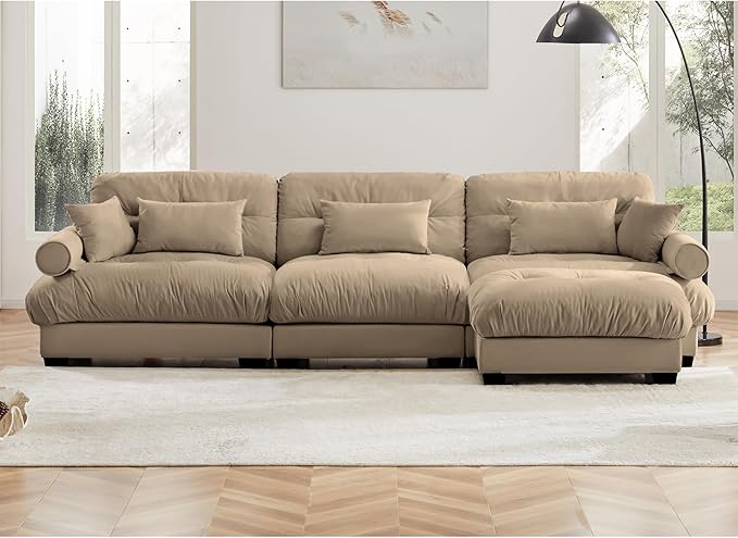 KEIKI 130" L-Shaped Oversized Velvet Modular Sectional Sofa with 1 Ottoman, High-Density Foam Cushions and Bolstered Armrests, Upholstered 3-Seater Cloud Couch with 5 Pillow, for Living Room, Camel