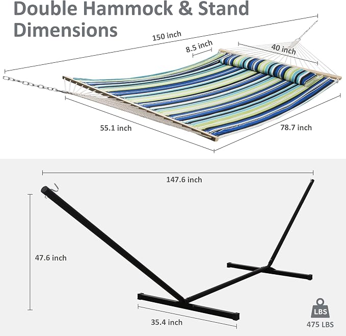 SUNCREAT Hammock with Stand 2 Person Heavy Duty, Freestanding Hammock with Spreader Bar, Soft Pillow, Green Stripes - Image 4