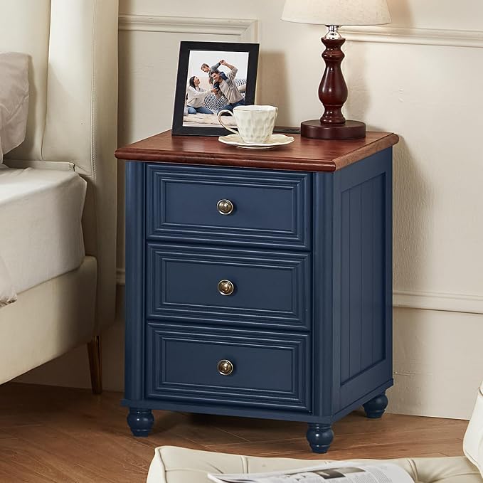 RWYHG 18" Farmhouse Nightstand with Charging Station and USB Port, Blue Night Stand with 3 Drawers, Wood Bedside End Table with Storage, Bed Side Tables for Bedroom Living Room and Closet - Image 6