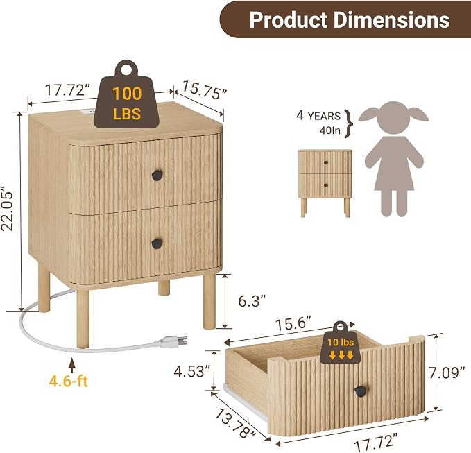 Fluted Nightstand, Modern Night Stand, 2 Drawers Nightstand with Charging Station, Wooden End Table Rounded Corners & Solid Wood Legs, Bedside Table for Bedroom Sofa Home Office,Natural Oak - Image 2