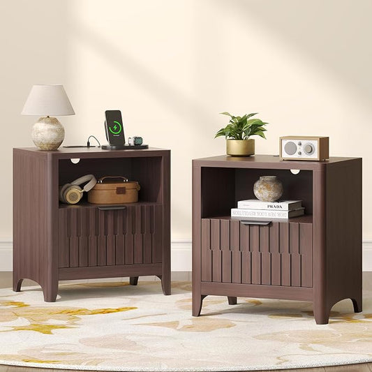 Fluted Nightstand Set of 2 with Charging Station, Modern Bedside Table with Storage Drawer, Open Shelf & Curved Corner, Night Stand End Side Table for Bedroom, Walnut by Unknown
