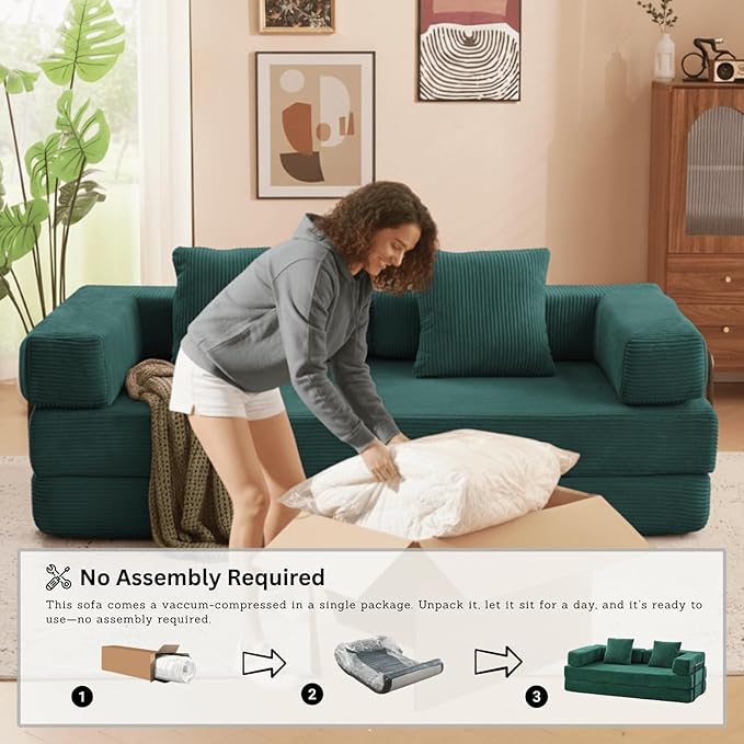 4-in-1 Folding Convertible Sofa Bed, 77" Floor Couch with Pillow - Corduroy Fabric & High-Density Sponge & Fixed-Shape Frame, Modular Sofa for Living Room/Lounge/Studio, Green