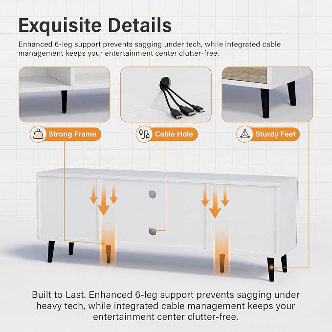 YESHOMY Mid-Century Modern TV Stand for 43-55 Inch TVs, 50 Inch Entertainment Center with Storage, Media Console with Push-to-Open Doors and Cable Management for Living Room, Bedroom (White and Beige) - Image 5