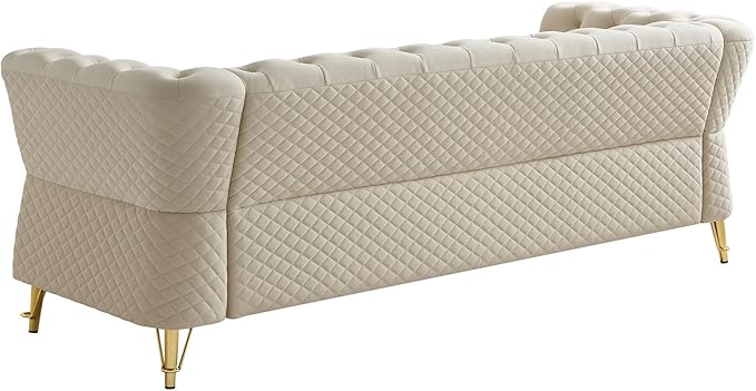 KEIKI 87" Chesterfield Velvet Button Tufted Sofa with High Density Foam Cushions, Modern Style 3-Seater Couch with Gold Strip Trim Decoration, Easy Assembly, for Apartment, Living Room, Office, Beige