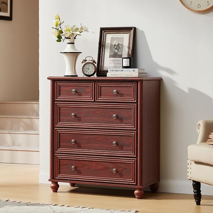 RWYHG Farmhouse 5 Drawer Dresser for Bedroom, 35.5" Tall Small Dressers & Chest of Drawers, Rustic Wood Dresser with Roman Column, Storage Organizer for Living Room, Hallway, Closet (Red Oak) - Image 6