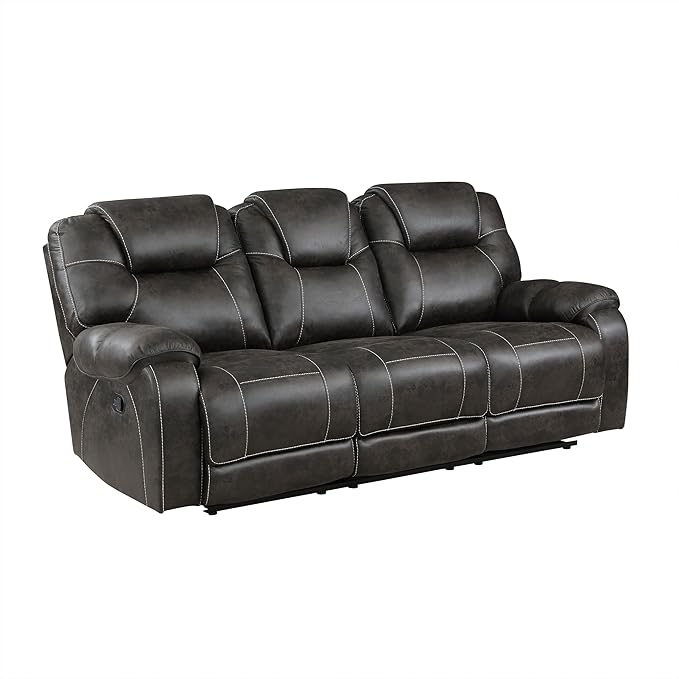 Lexicon Manual Double Reclining Sofa, Polished Microfiber Wall Hugger 3 Seater Manual Tab Pull Sofa Recliner for Living Room, Pillow Top Armrest, Padded Headrest, Easy Assembly, Chocolate