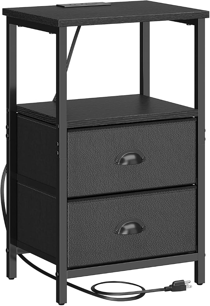 sthmec Nightstand with Charging Station, LED Night Stand Set 2, Bedside Table End Table Set of 2, Bedroom Table with 2 Fabric Drawers PU Finish, 3-Tier Storage Side Table for Bedroom,Black - Image 8