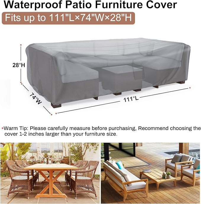 Mrrihand Heavy Duty Patio Furniture Covers, Outdoor Furniture Covers Waterproof Sectional Sofa Set , Patio Table and Chair Set Cover 111"L×74"W×28"H,Grey - Image 2