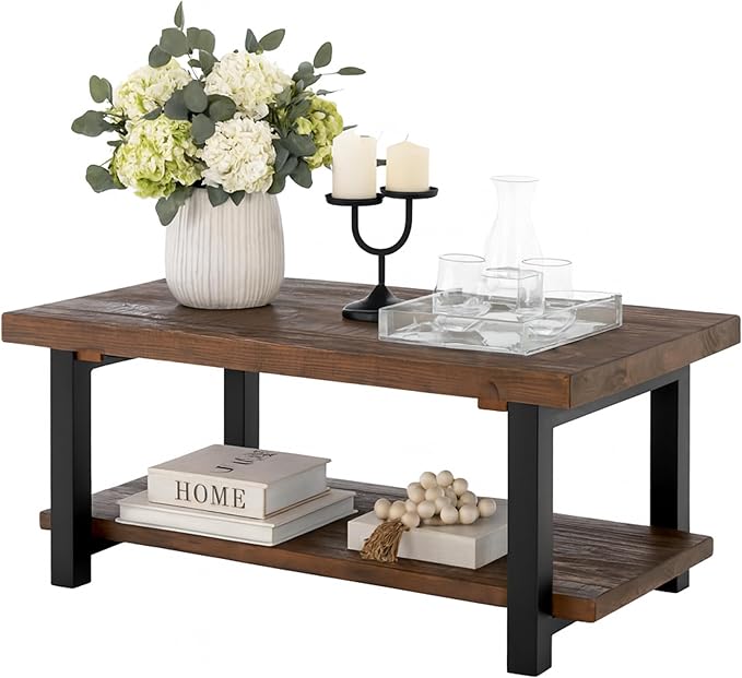 Alaterre Furniture Pomona Living Room Tables – 42 Inch Rectangular Solid Wood Coffee Table with Storage Shelf & Metal Legs – Rustic Industrial Farmhouse Living Room Table (Rustic Brown)