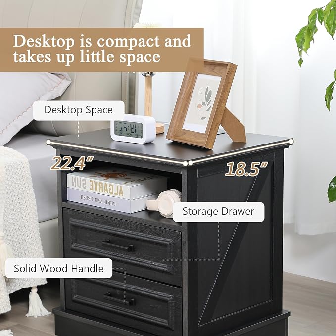 Farmhouse Night Stands Set of 2, Wood Nightstand with Charging Station, 22" Wide End Table with 2 Drawers, Black Bedside Cabinet for Bedroom - Image 6