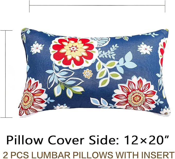 JMGBird Water-Resistant Outdoor Pillows Set of 2, 12x20 inch Durable Red Flowers Blue Background Throw Pillows with Inserts for Patio Furniture