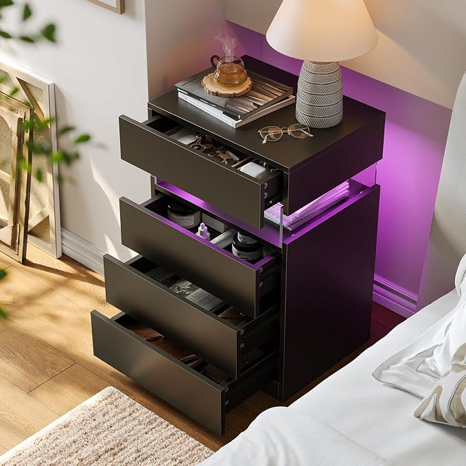 Bingoday Black LED Nightstands Set of 2,Modern Night Stand with 4 Drawers,Tall Nightstand,Large Capacity,Multi-Color LED Lights,End Side Table for Bedroom - Image 5