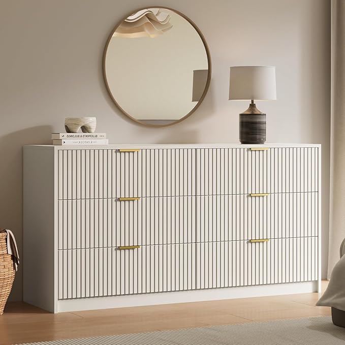 MAISONARIA 3-Piece Dresser Bedroom Set, 6 Drawer Dresser & 3 Drawer Nightstands with Gold Handles, Fluted Wood Chest of Drawers for Bedroom, Living Room, Entryway, Beige