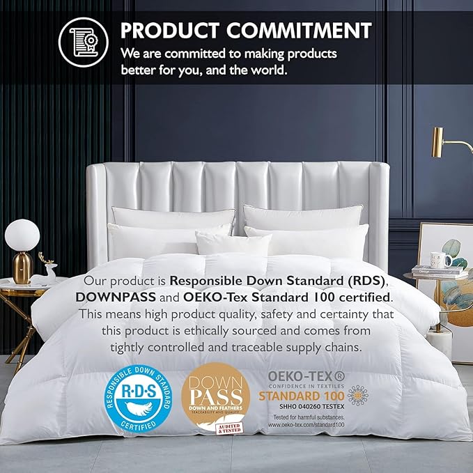 Luxurious All-Season Goose Down Feather Fiber Heavy Weight White Solid Comforter Super King Size Duvet Insert (120x120), Premium Baffle Box, 100% Egyptian Cotton Cover, 85 oz. Fill Weight
