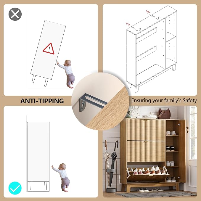 Shoe Cabinet Storage for Entryway with 3 Flip Drawers & Side Cabinet, Fluted Narrow Shoe Organizer with Wooden Leg, Freestanding Shoe Storage Hidden Shoe Rack Organizer for Front Door Entrance, Oak - Image 6