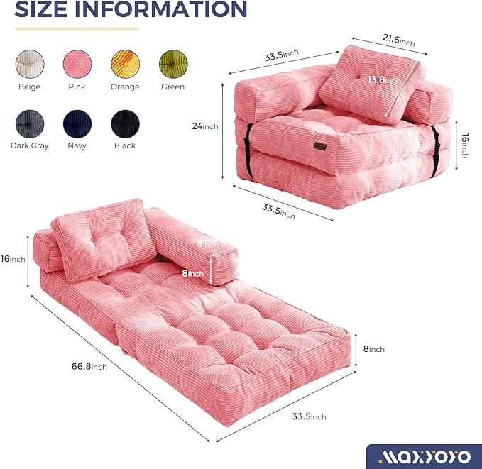 MAXYOYO Folding Sofa Bed, L-Shaped Convertible Sofa Bed with Armrest Foldable Sleeper Sofa with Pillow, Portable Fold Out Chair Bed Comfy Floor Lounge for Living Room Bedroom, Pink