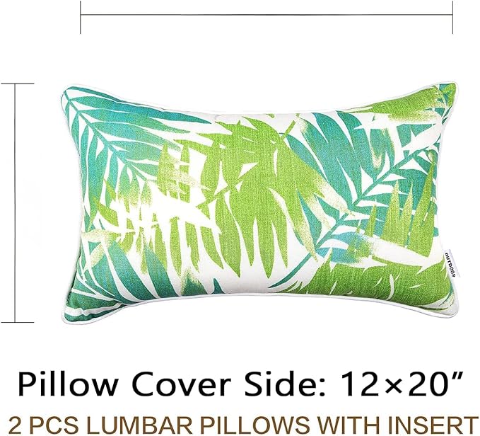 JMGBird Outdoor Pillows Set of 2 with Inserts - 12x20 Waterproof Throw Pillows for Patio Furniture, White Green Palm Leaf Decorative Cushions