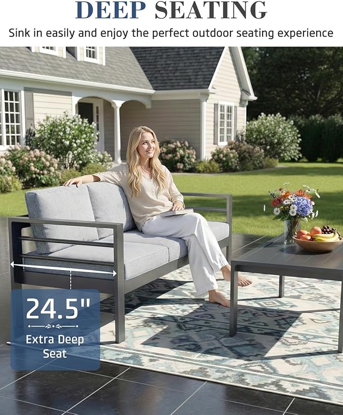 AECOJOY Aluminum Patio Furniture Set, 5 Seats Modern Outdoor Furniture with Coffee Table, 4 Pieces Metal Conversation Sectional Sofa, Light Gray