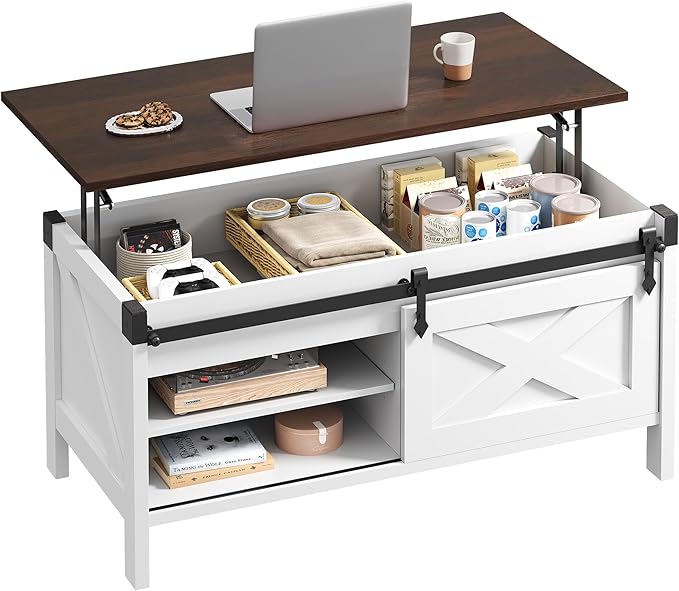 WLIVE Lift Top Coffee Table, 39.4" Farmhouse Coffee Table with Large Hidden Storage Compartment, Sliding Barn Doors, Modern Wood Center Table for Living Room, Office, White