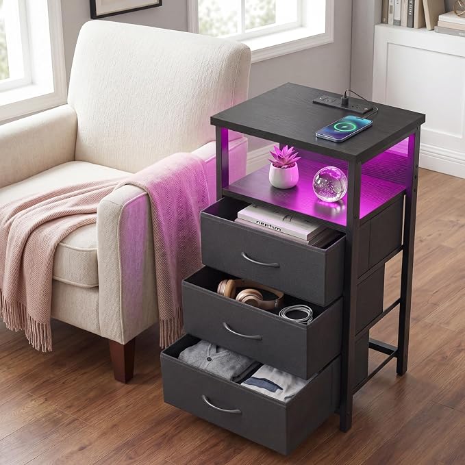 Fixwal Night Stand with 3 Fabric Storage Drawers, LED Nightstand with Charging Station, Bedside Table, Black - Image 6