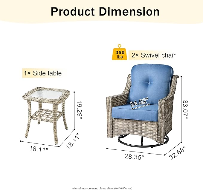 HOOOWOOO 3 Piece Patio Furniture Bistro Sets,Outdoor Wicker Swivel Rocking Chairs with Table Set,All Weather Resistant High Back Rattan Conversation Set(Diamond Blue)