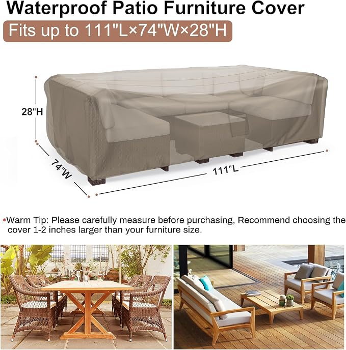 Mrrihand Heavy Duty Patio Furniture Covers, Outdoor Furniture Covers Waterproof Sectional Sofa Set, Patio Table and Chair Set Cover 111" L×74" W×28" H,Brown - Image 2